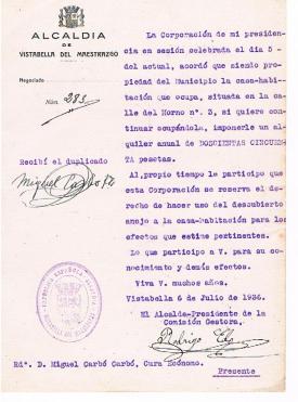 Alquiler casa cura Carbó- 06-07-1936