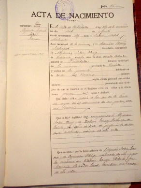 Partida de naixement d'Alejandro Folch. Registre Civil de Vistabella